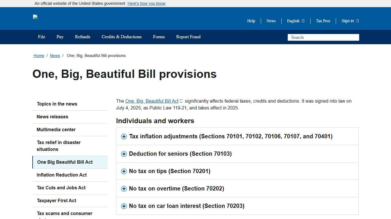 One, Big, Beautiful Bill provisions Internal Revenue Service